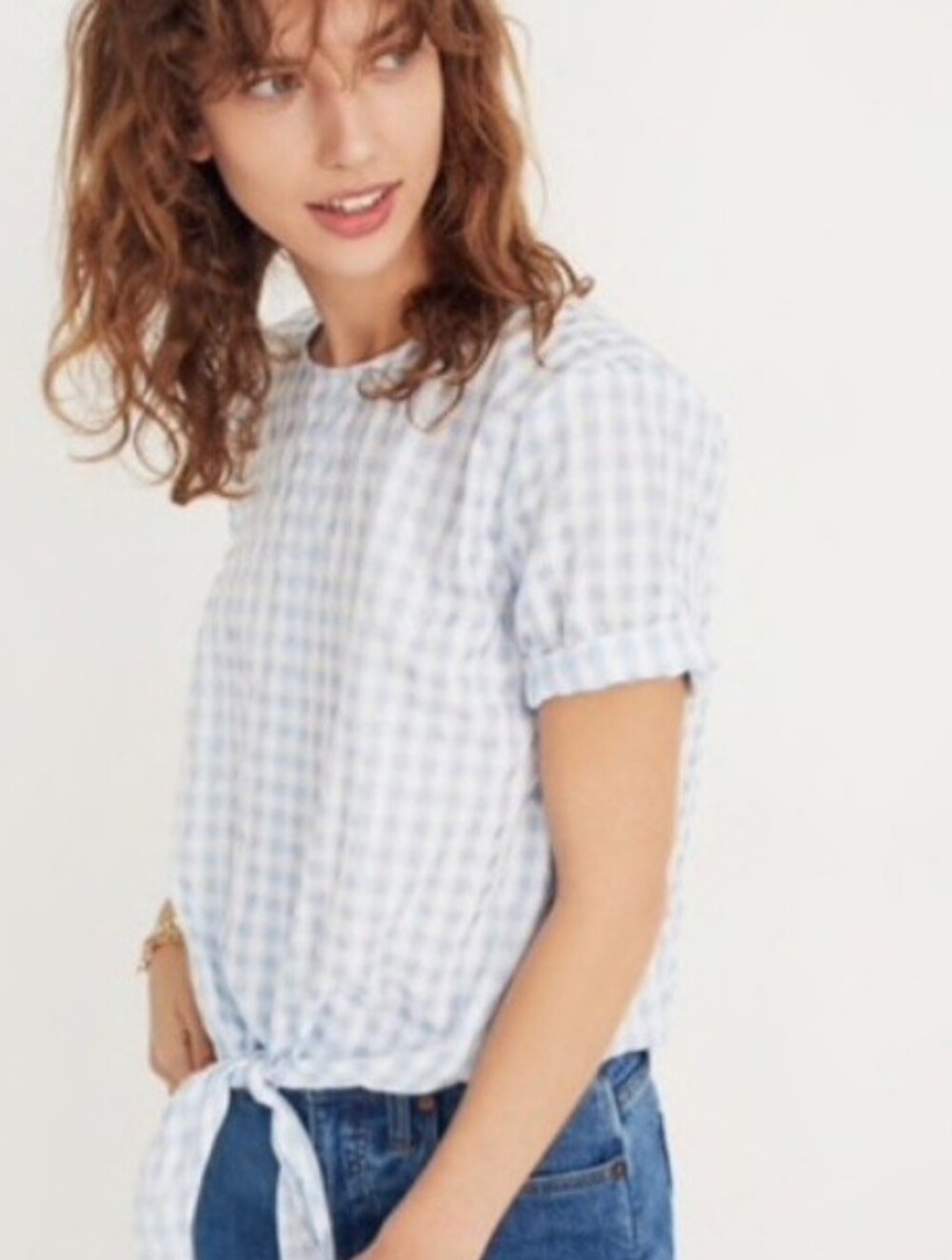 Like New Madewell Light Blue Gingham Top Tie Waist Button Back